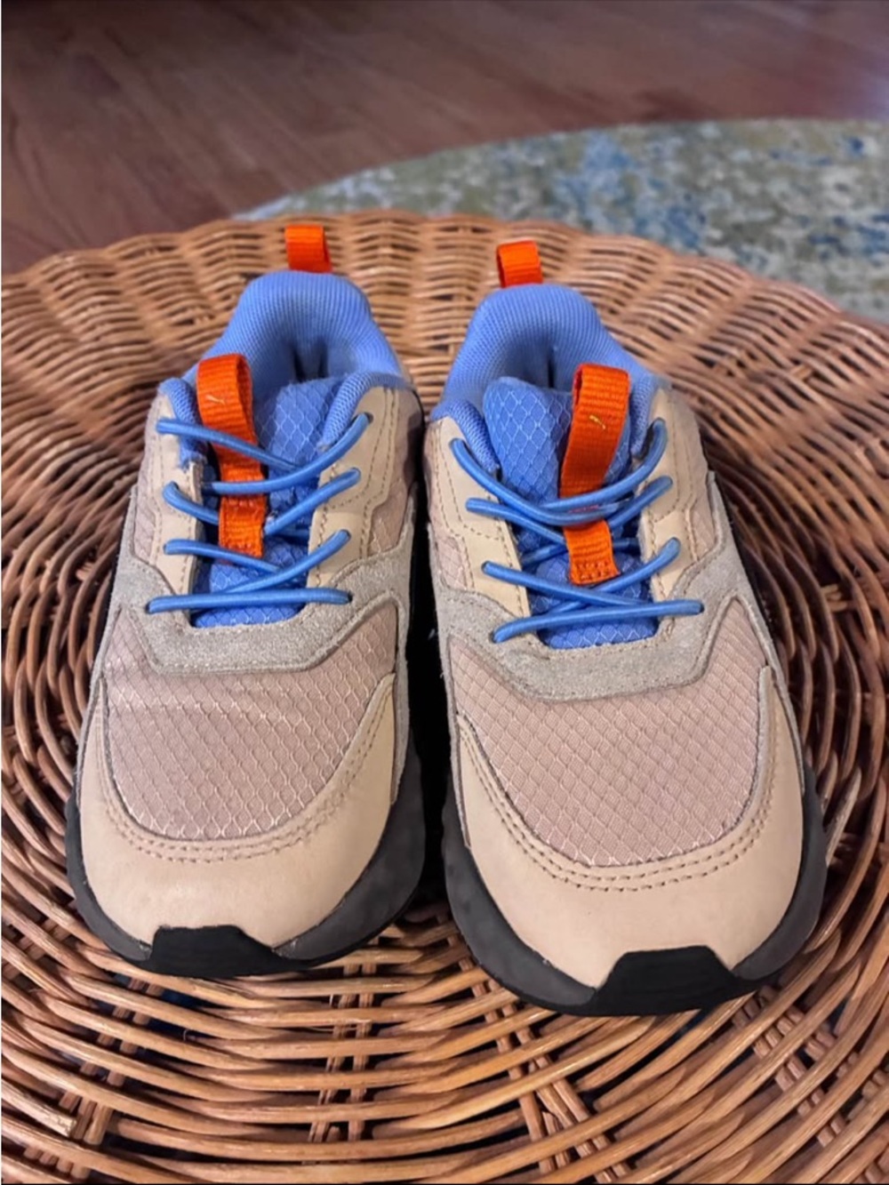 Puma Kids Tan and Blue Sneakers with Orange Pull Tabs
